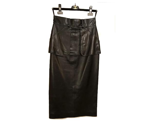 vintage Chanel Collection 29 black leather pencil skirt w/ original tags  and hanger Silk  - Joli Closet