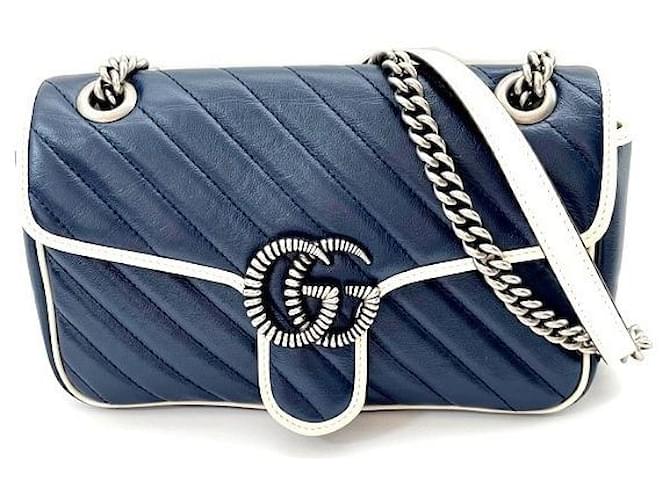 *Gucci GG Marmont small shoulder shoulder bag hardware women's bag diagonal chain pochette leather Silvery White Navy blue  ref.711548