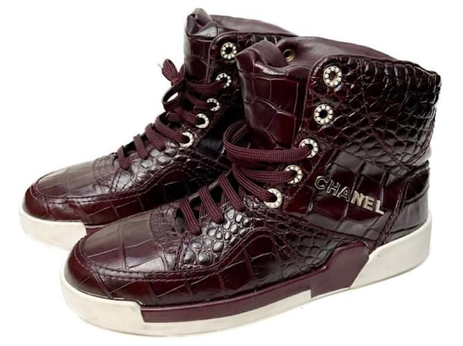 Chanel calf leather croc embossed leather and Pearl rivets High Top Sneakers Trainers Boots in Burgundy  ref.712289
