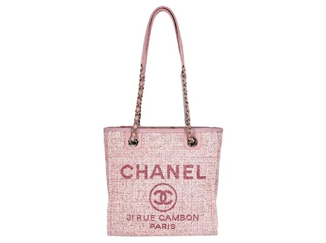 *Chanel handbag ladies Deauville PM chain tote bag Cocomark 31 RUE CAMBON tweed bag Pink Nylon  ref.712481