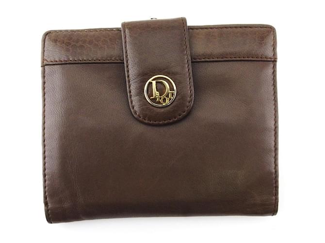 *Dior Bifold Wallet Clasp Wallet Women's Men's Logo Plate Brown Gold Silver Leather Dior Silvery Golden  ref.712684