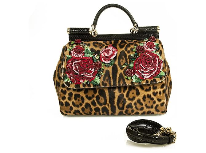 Dolce & Gabbana Bolso Sicily Estampado Leopardo Piel De Pony Decorado Con Rosas Edición Limitada Multicolor Crin  ref.712690