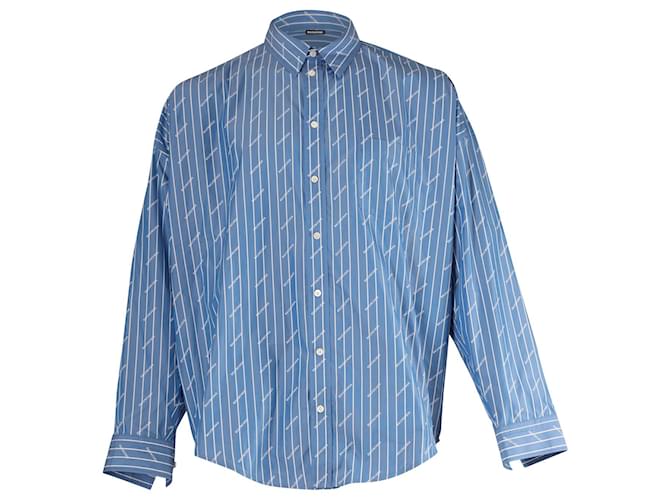 Balenciaga Logo All-Over Long Sleeve Shirt in Stripe Blue Cotton