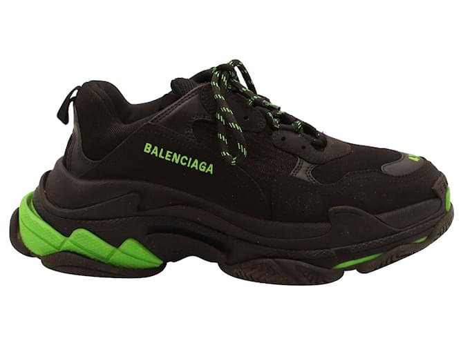 First Balenciaga Triple S Sneakers aus schwarzem fluogrünem Polyurethan Kunststoff  ref.713211