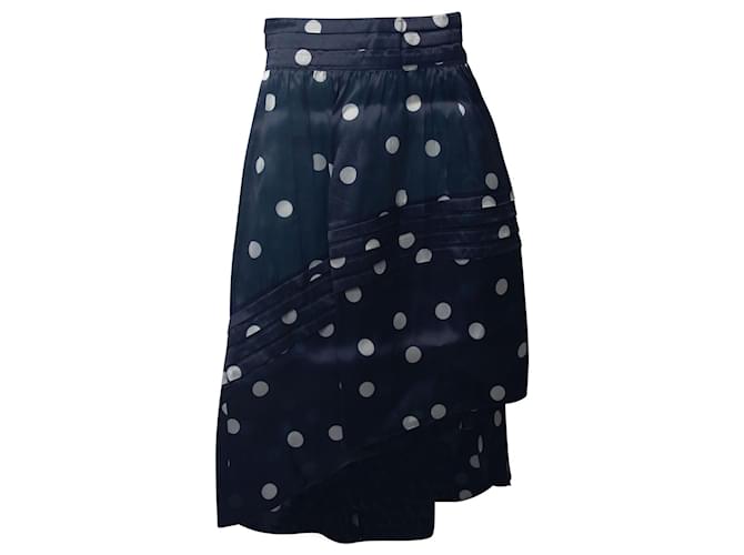 Ganni Asymmetric Polka Dot Midi Skirt in Navy Blue Silk  ref.713281