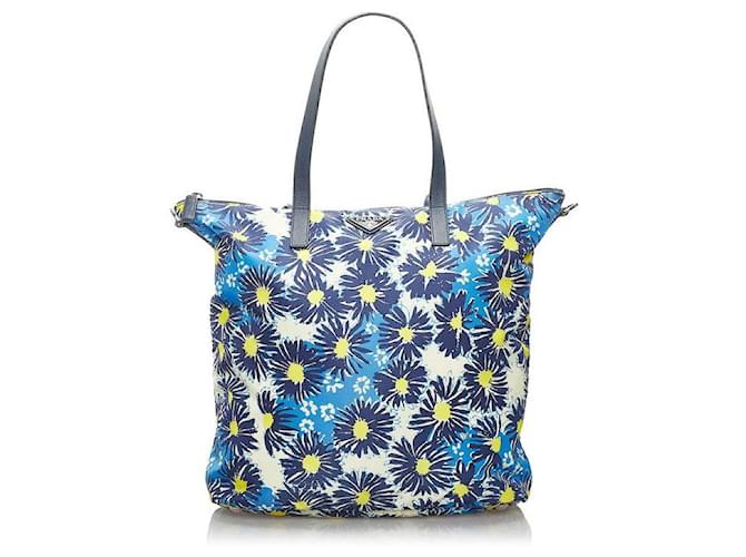 prada Tessuto Stampato Floral Tote Bag blue Nylon  ref.713301