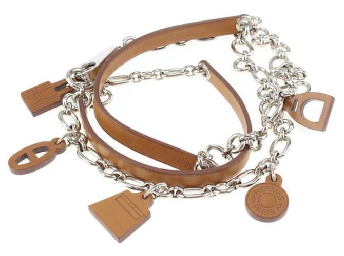 * HERMÈS Olga chaîne ceinture ceinture cuir Kelly Serie charm □N gravé marron argenté  ref.713496