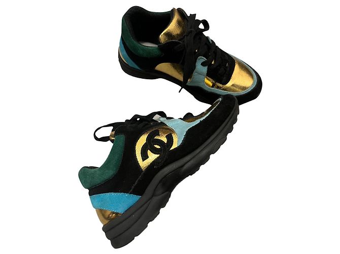 Baskets Chanel 37 Noir Bleu Doré Vert foncé
