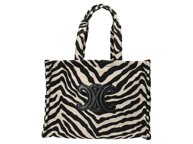Céline *Celine by Hedi Slimane  [LARGE CABAS THAIS] Zebra pattern tote bag Black Beige Cloth  ref.714283