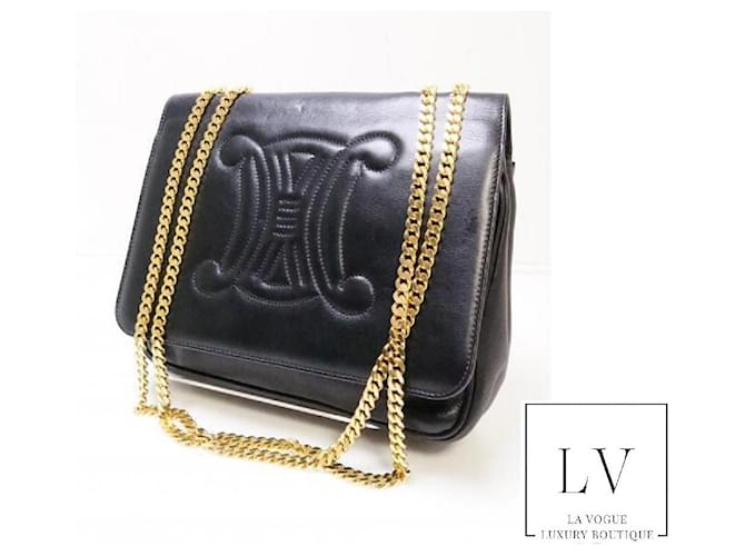 Céline *celine catena d'oro vintage logo in pelle nera 2pochette bag a tracolla lunga Nero  ref.714291