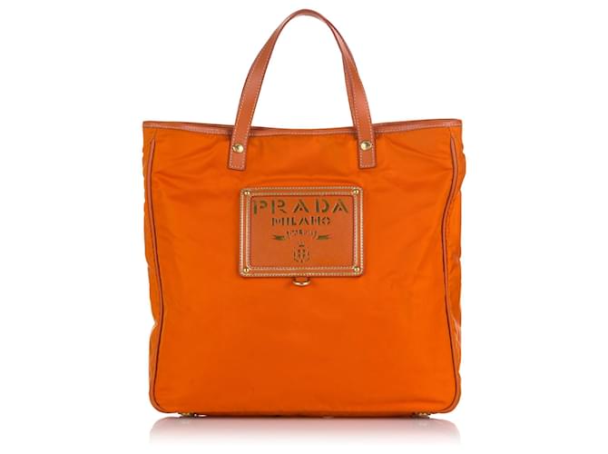 Saffiano Prada Orange Tessuto Logo Oro Cartable Nylon Tissu  ref.714392