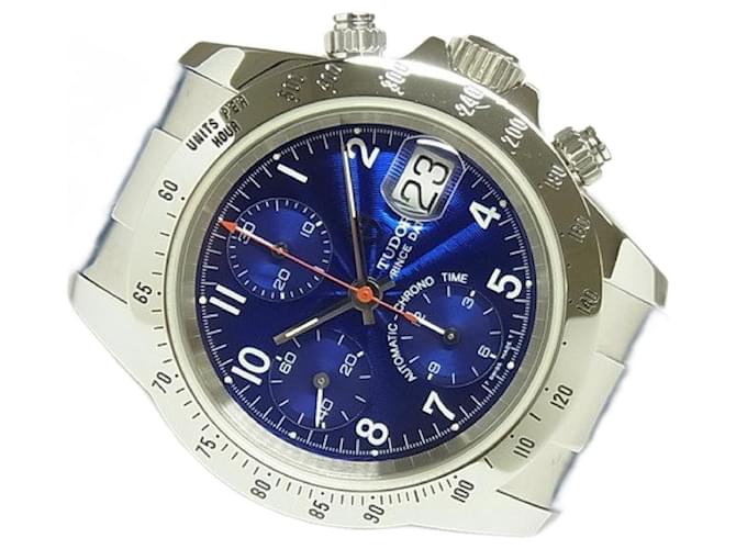 Autre Marque TUDOR Prince Date Cronografo blu arabo 79280 cintura in pelle Specifica Mens Argento Acciaio  ref.714470