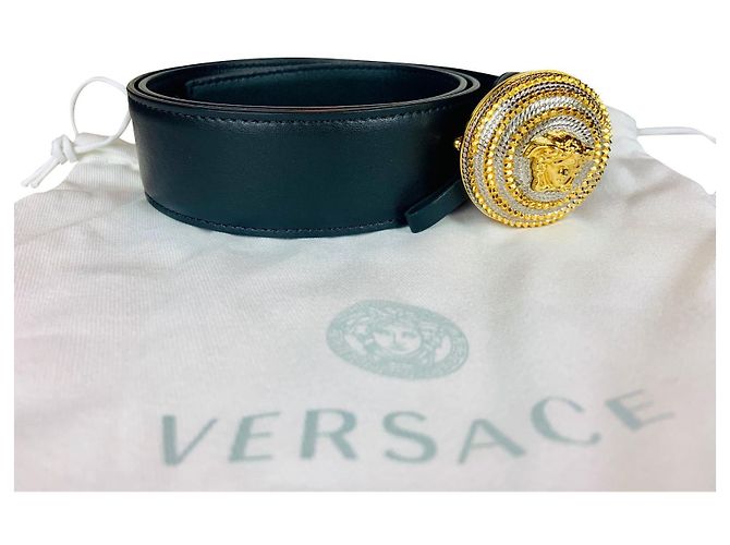 Cinturón Versace de cuero negro con hebilla de oro y plata 85 cm