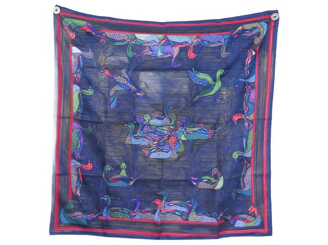 Hermès SCIARPA HERMES VINTAGE LA MARE AUX ANATRE DAPHNE DUCHESNE SCIARPA IN SETA BLU