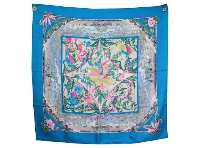 Hermès HERMES TROPICAL SCARF LAURENCE BOURTHOUMIEUX CARRE 90 BLUE SILK SCARF  ref.714755
