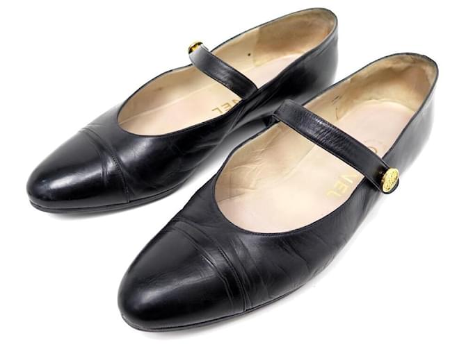 CHANEL SHOES PUMPS BABIES MARY JANE 7.5 37.5 BLACK LEATHER SHOES  ref.714810