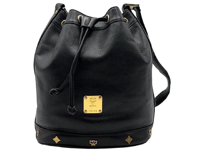 Vintage-Style MCM Leather Bucket Drawstring Shoulder Bag for