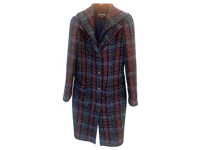 Cambon Chanel Cappotto in lana e mohair con stampa Tweed Blu  ref.715452