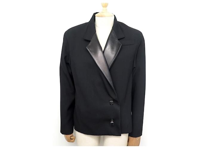 LOUIS VUITTON BLAZER M JACKET 38 IN BLACK WOOL & LEATHER SQUARE BUTTONS JACKET  ref.715490
