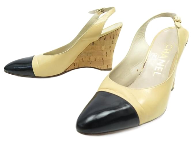CHANEL SLINGBACK WEDGES SHOES 36.5 LEATHER PUMPS SHOES  ref.715725