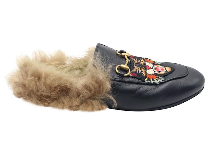Gucci Princetown slippers with Angry Cat Appliqué in Black Leather  ref.715876