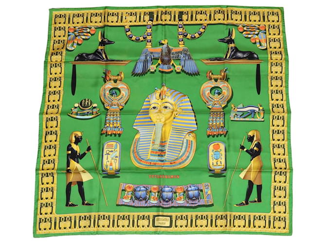 Hermès HERMES CARRE 90 Cachecol Tutankhamon Seda Verde Auth am3280  ref.716241