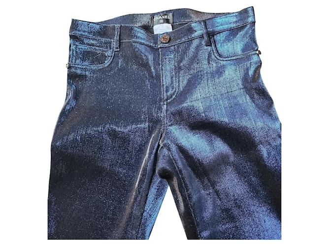 Pantaloni Chanel Metallico Blu scuro Cotone  ref.716741