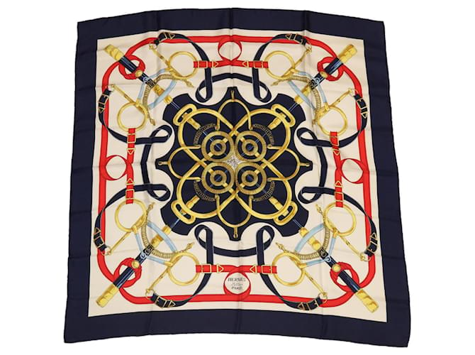 Hermès HERMES CARRE 90 Eperon d'or golden spurs Scarf Silk White Navy Auth am3279 Navy blue  ref.716886