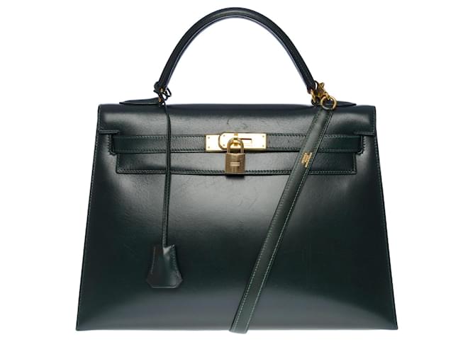 Hermès Exceptional & Rare Hermes Kelly Handbag 32 saddler shoulder strap in green box leather  ref.717317