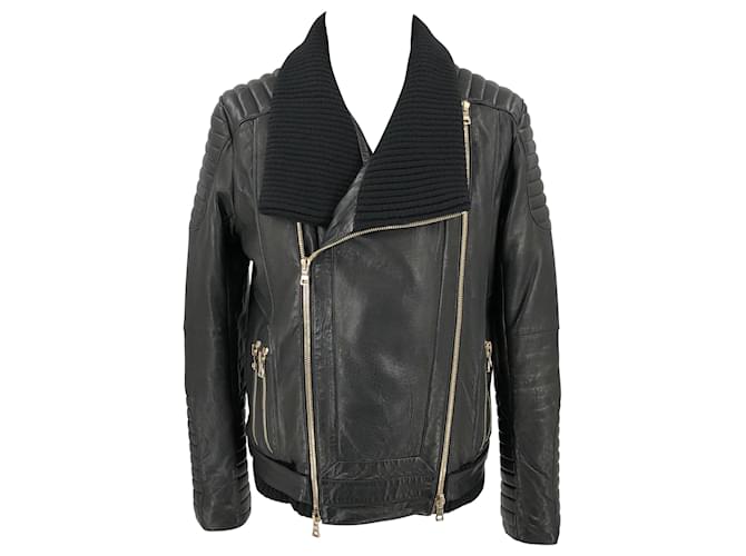 Balmain biker jacket in black leather, padded with zip