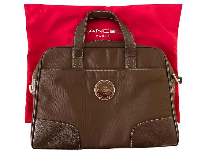 Lancel Briefcase Brown Leather and Cloth