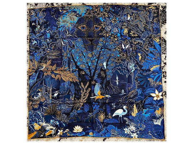 Hermès Bufanda cuadrada HERMES ''Wild Singapur'' Azul oscuro