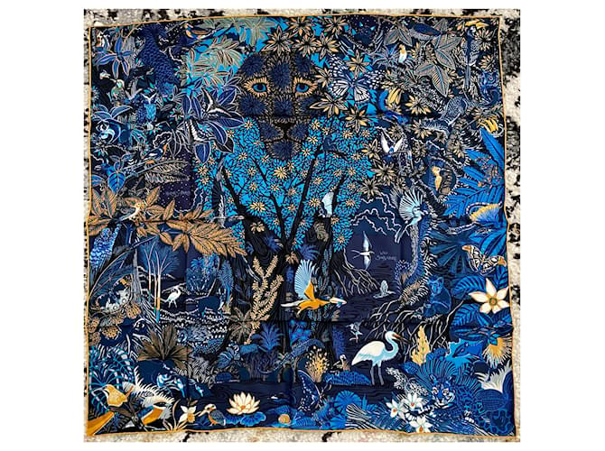 Hermès Cachecol quadrado HERMES ''Wild Singapore'' Azul escuro Seda  ref.720226