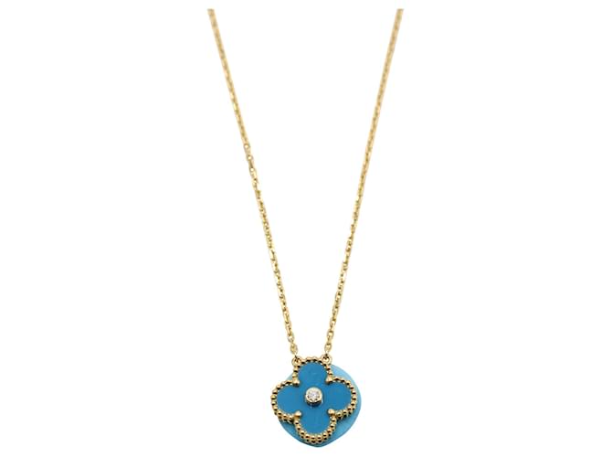 Van Cleef & Arpels Limited Edition 18K Gold Celestial Blue Porcelain Alhambra Pendant with Diamond  ref.720744
