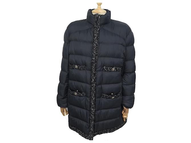 NEW CHANEL COAT BLACK DOWN JACKET CC BUTTONS BLACK TWEED STRIPS T L 44 COATE Synthetic  ref.721658