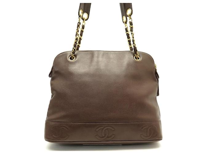 VINTAGE CHANEL CABAS SHOPPING LOGO CC BROWN LEATHER HAND BAG  ref.721705