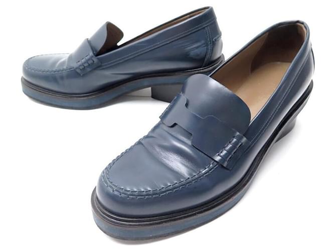 Hermès HERMES MOCCASIN SHOES WITH HEELS 40 LOAFERS SHOES NAVY BLUE LEATHER  ref.721736
