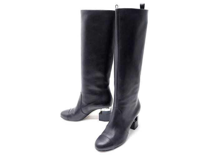 CHANEL SHOES BOOTS WITH PEARL HEELS G30451 T38 BLACK LEATHER BOOTS  ref.721746