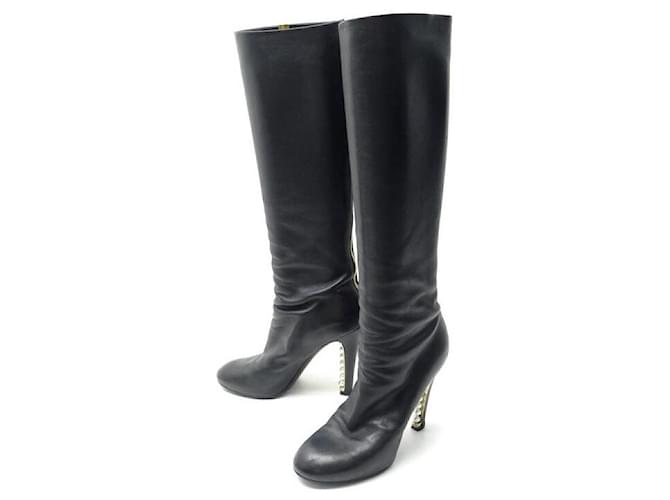 CHANEL SHOES BOOTS WITH PEARL HEELS G29304 38.5 BLACK LEATHER BOOTS  ref.721792
