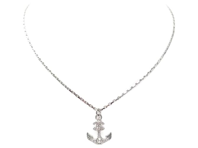 NEW RARE CHANEL ANCHOR NECKLACE STRASS LOGO CC SILVER METAL RHINESTONE NECKLACE Silvery  ref.722045