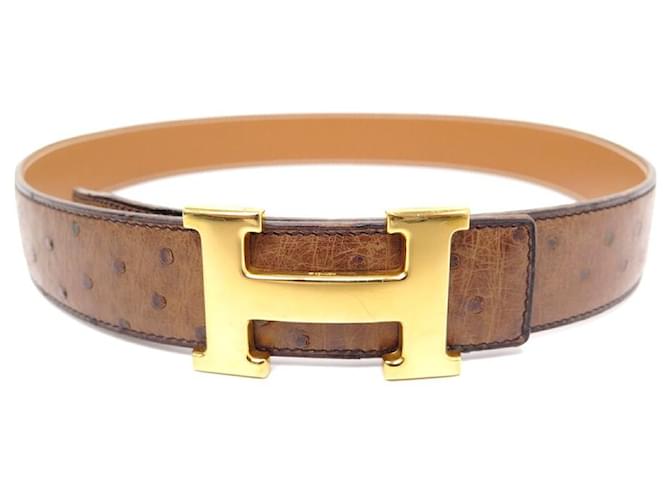 Belts Hermès Vintage Hermes Buckle H Belt 72 Brown Ostrich Leather & Box Gold Ostrich Belt