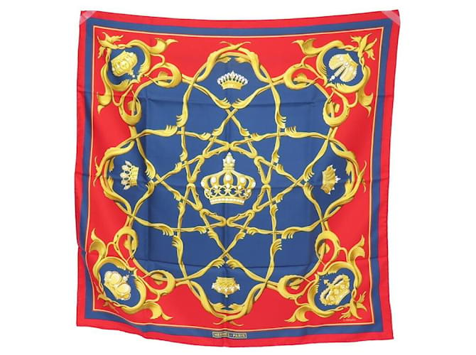 Hermès VINTAGE FOULARD HERMES CROWN 1ERE EDITION DE 1969 EN SOIE ROUGE CARRE SCARF  ref.722083