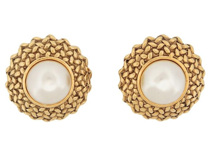 Vintage Chanel Ohrringe 1990 GROSSE CHIPS-PERLENMETALL-GOLDOHRRINGE Golden