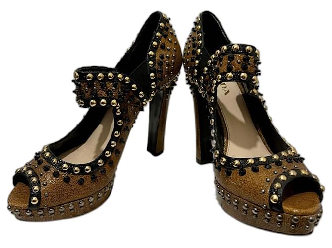Prada studded high heels with cut outs Brown Black Leather  ref.722639