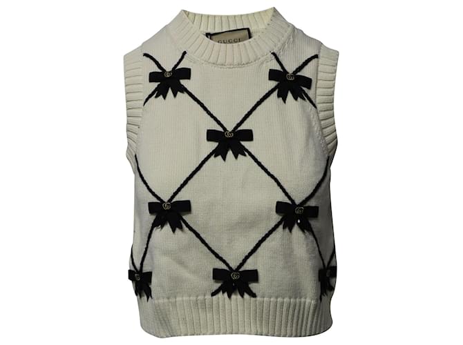 Gucci GG Bows Knitted Sleeveless Vest in White Cotton  ref.724212