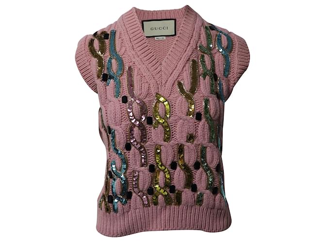 Gucci verzierte Strickweste mit Zopfmuster aus rosa Wolle Pink  ref.724226