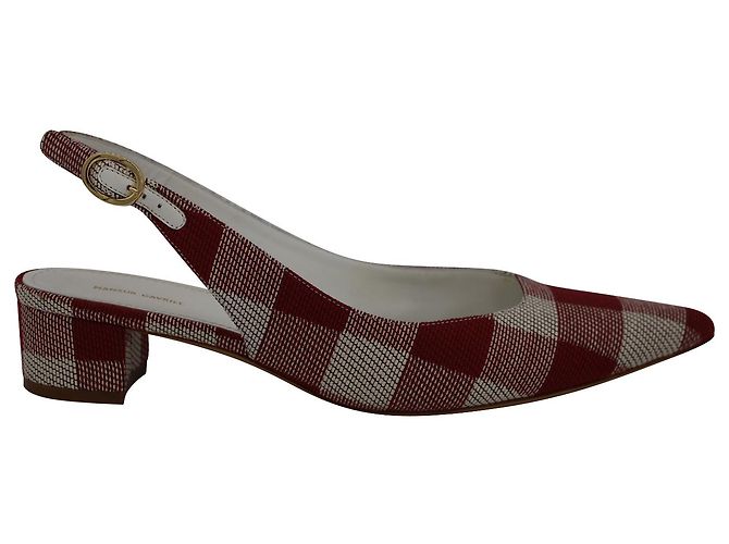 Mansur Gavriel Check Slingback Pointed Pumps in Red Canvas