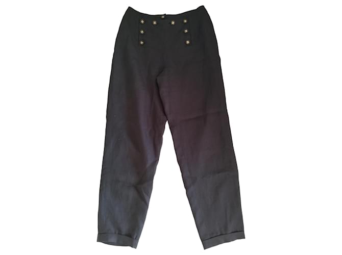 Pantalones negros Chanel 9 botones Lino  ref.724380