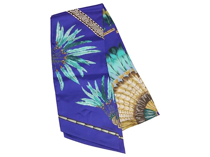 Hermès HERMES Twilly Peacock feather pattern Scarf Silk Purple Auth am3365  ref.724884