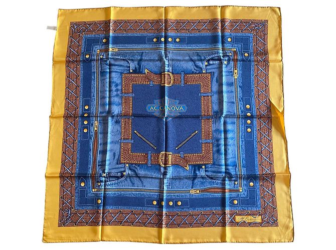 Autre Marque Lenço de seda AC Canova Leathers & Jeans azul e dourado Novo Chocolate